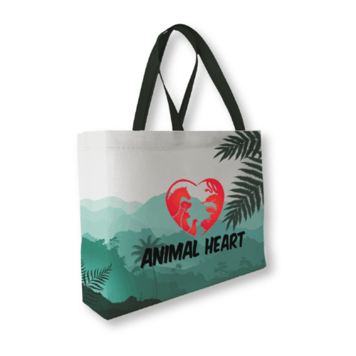 NR31 custom landscape rpet jumbo bag with edge-to-edge sublimation printing for exhibitions 100gsm